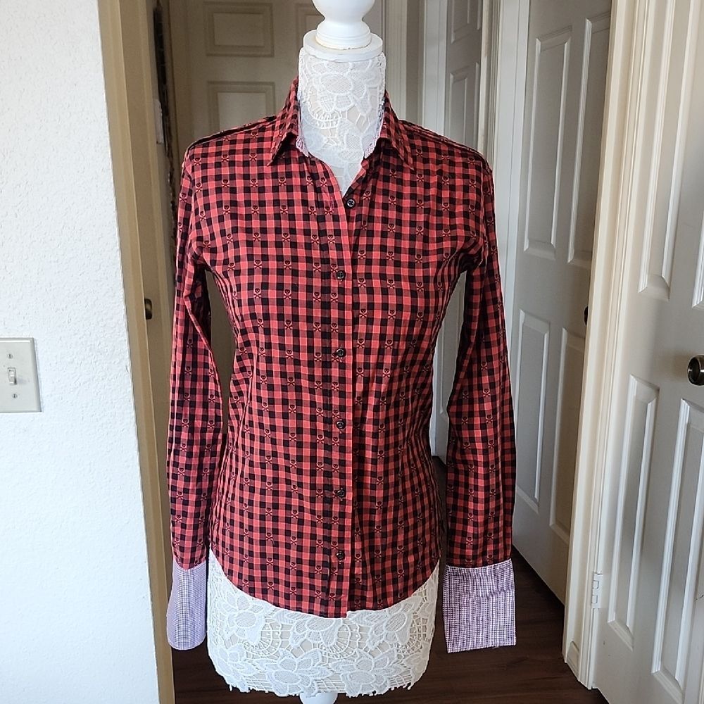 Taylor Stitch Tailored Skull And Crossbones Cufflink Blouse Size Small Witchy